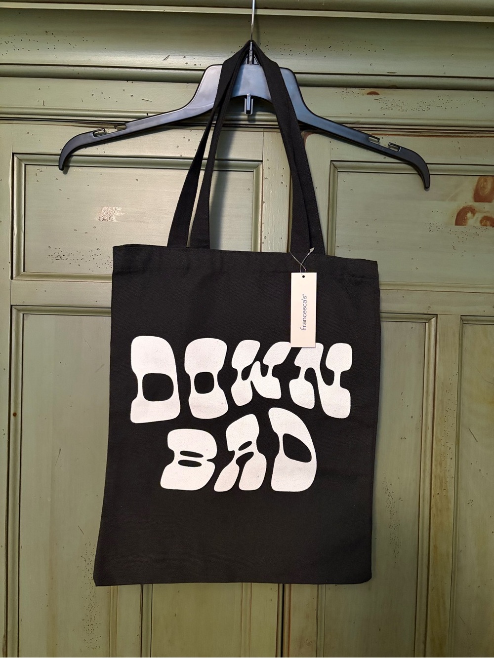 NWT Francesca's Collections Black Canvas Tote with White "Down Bad" Graphic
